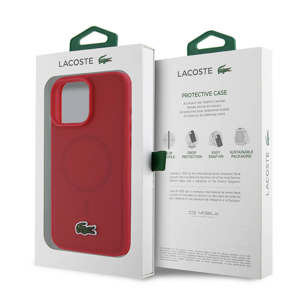 Apple iPhone 16 Pro Kılıf Lacoste Orjinal Lisanslı PU Pike Desenli Arka Yüzey İkonik Timsah Dokuma Logolu Kapak Kırmızı