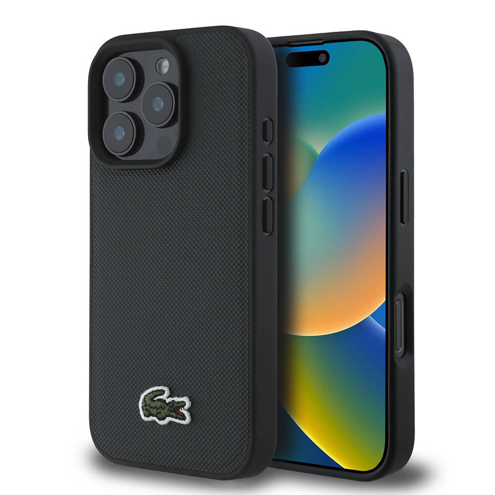 Apple iPhone 16 Pro Kılıf Lacoste Orjinal Lisanslı PU Pike Desenli Arka Yüzey İkonik Timsah Dokuma Logolu Kapak Kırmızı