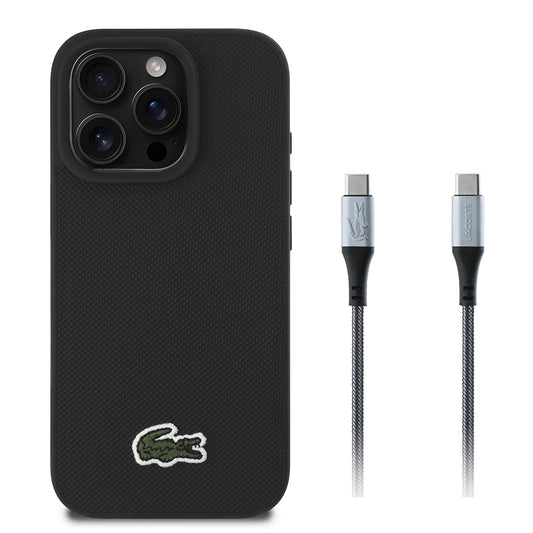 iPhone 16 Pro Kılıf Lacoste Orjinal Lisanslı PU Pike Desenli Arka Yüzey İkonik Timsah Dokuma Logolu Kılıf + Type-C Kablo 1.5m