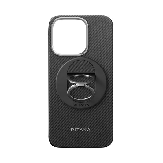 iPhone 16 Pro Kılıf M-safe Şarj Özellikli Grip 3 Standlı 600D Aramid Fiber Pitaka Ultra-Slim Classic Serisi Black-Grey Twill Kılıf