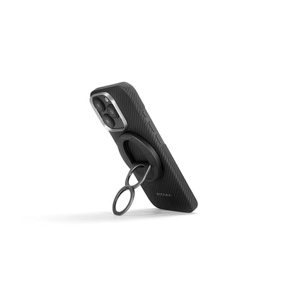 Apple iPhone 16 Pro Kılıf M-safe Şarj Özellikli Grip 3 Standlı 600D Aramid Fiber Pitaka Ultra-Slim Classic Serisi Black-Grey Twill Kapak Siyah-Gri