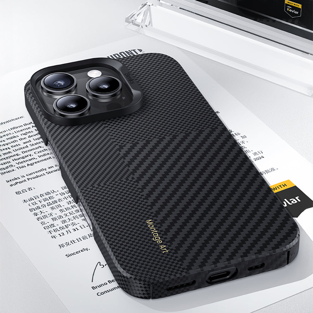 iPhone 16 Pro Kılıf M-safe Şarj Özellikli Karbon Fiber Metal Kamera Çerçeveli Benks Montage ArmorAir Kevlar Kılıf