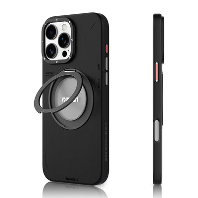 Apple iPhone 16 Pro Kılıf Magsafe Şarj Özellikli 360° Standlı Basit Mat Deri Desenli Youngkit Tech Leather Serisi Kapak Gri