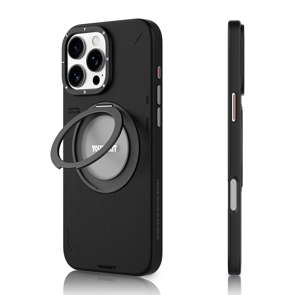 Apple iPhone 16 Pro Kılıf Magsafe Şarj Özellikli 360° Standlı Basit Mat Deri Desenli Youngkit Tech Leather Serisi Kapak Kahverengi