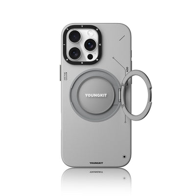 Apple iPhone 16 Pro Kılıf Magsafe Şarj Özellikli 360° Standlı Basit Mat Deri Desenli Youngkit Tech Leather Serisi Kapak Siyah