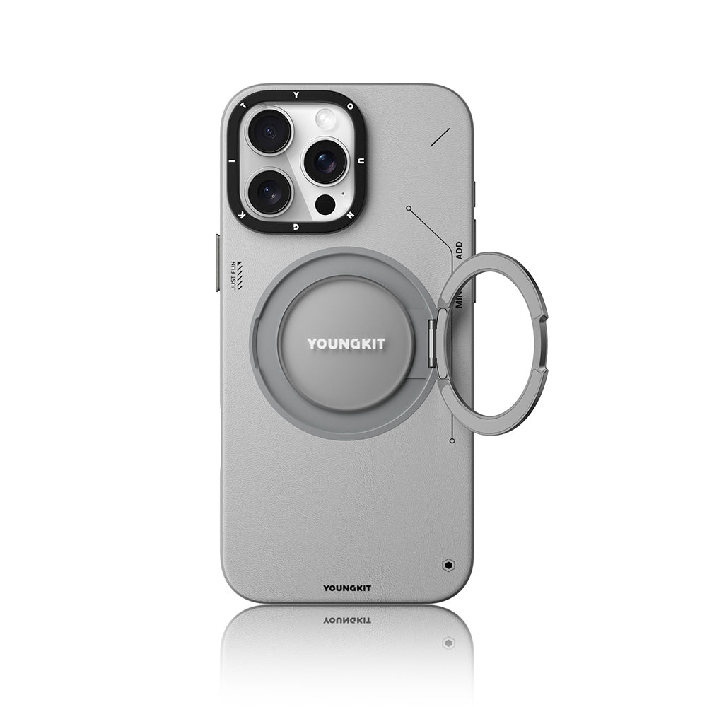 Apple iPhone 16 Pro Kılıf Magsafe Şarj Özellikli 360° Standlı Basit Mat Deri Desenli Youngkit Tech Leather Serisi Kapak Gri