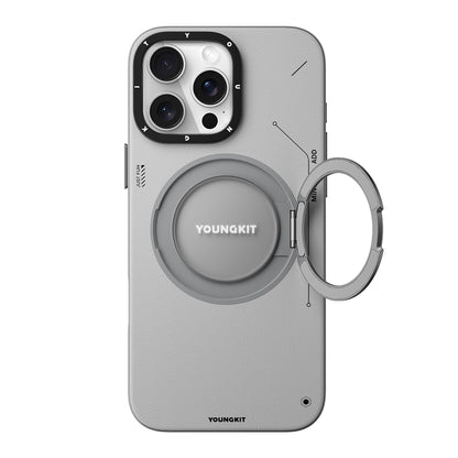 iPhone 16 Pro Kılıf M-safe Şarj Özellikli 360° Standlı Basit Mat Deri Desenli Youngkit Tech Leather Serisi Kılıf