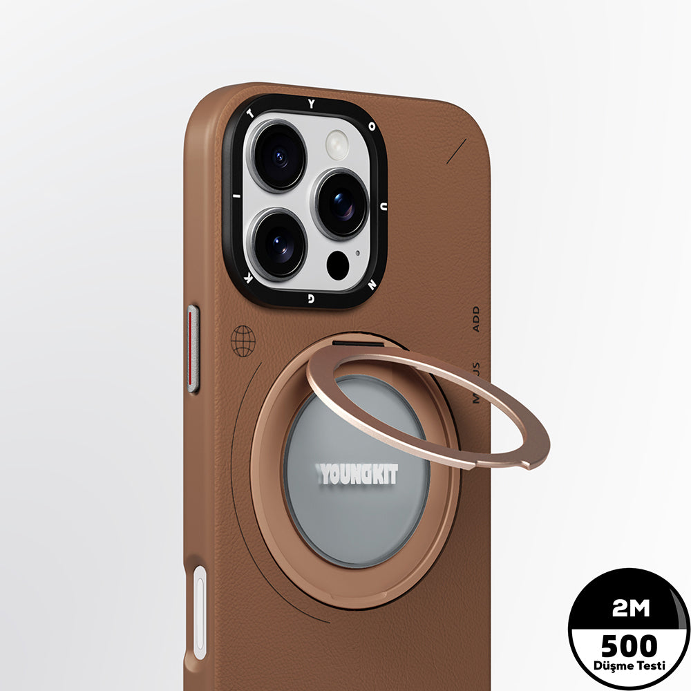 Apple iPhone 16 Pro Kılıf Magsafe Şarj Özellikli 360° Standlı Basit Mat Deri Desenli Youngkit Tech Leather Serisi Kapak Kahverengi