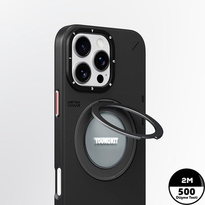 iPhone 16 Pro Kılıf M-safe Şarj Özellikli 360° Standlı Basit Mat Deri Desenli Youngkit Tech Leather Serisi Kılıf