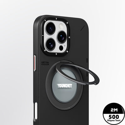 Apple iPhone 16 Pro Kılıf Magsafe Şarj Özellikli 360° Standlı Basit Mat Deri Desenli Youngkit Tech Leather Serisi Kapak Gri