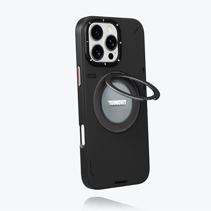 iPhone 16 Pro Kılıf M-safe Şarj Özellikli 360° Standlı Basit Mat Deri Desenli Youngkit Tech Leather Serisi Kılıf