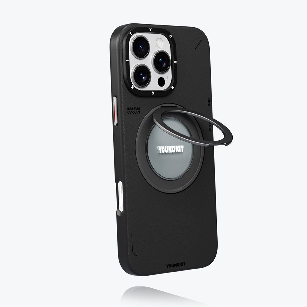 Apple iPhone 16 Pro Kılıf Magsafe Şarj Özellikli 360° Standlı Basit Mat Deri Desenli Youngkit Tech Leather Serisi Kapak Kahverengi
