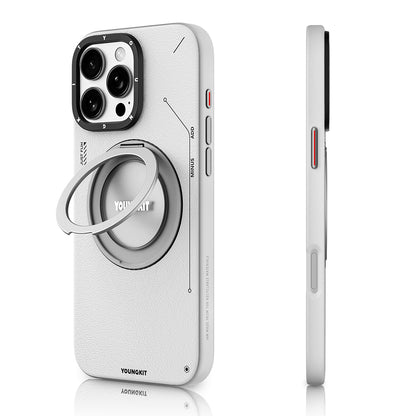 iPhone 16 Pro Kılıf M-safe Şarj Özellikli 360° Standlı Basit Mat Deri Desenli Youngkit Tech Leather Serisi Kılıf