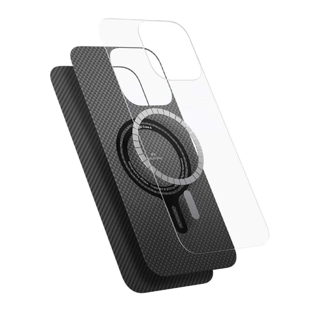 iPhone 16 Pro Kılıf M-safe Şarj Özellikli 600D Aramid Fiber Pitaka Ultra-Slim Classic Serisi Black-Grey Twill Kılıf