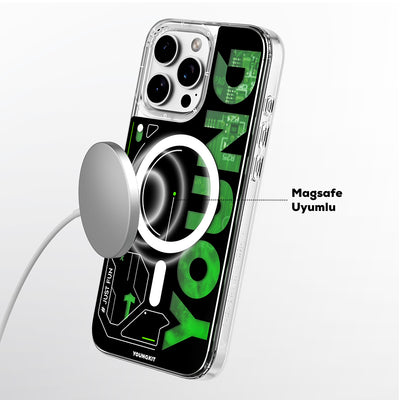 Apple iPhone 16 Pro Kılıf Magsafe Şarj Özellikli Airbagli Çift Katmanlı Youngkit Future Streamer Serisi Kapak Yeşil