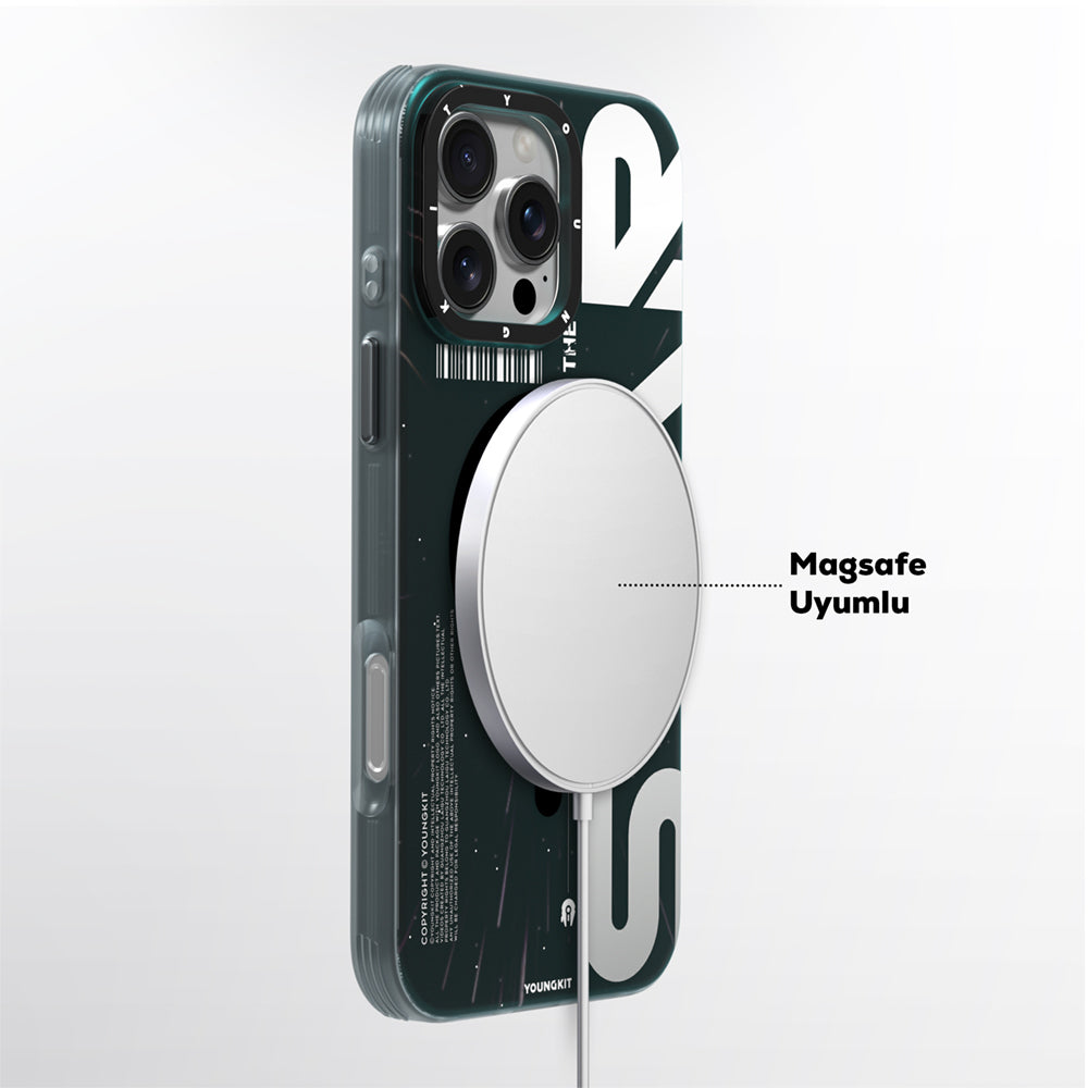 Apple iPhone 16 Pro Kılıf Magsafe Şarj Özellikli Airbagli Hologram Tasarımlı Youngkit Interstellar Serisi Kapak Siyah-Beyaz