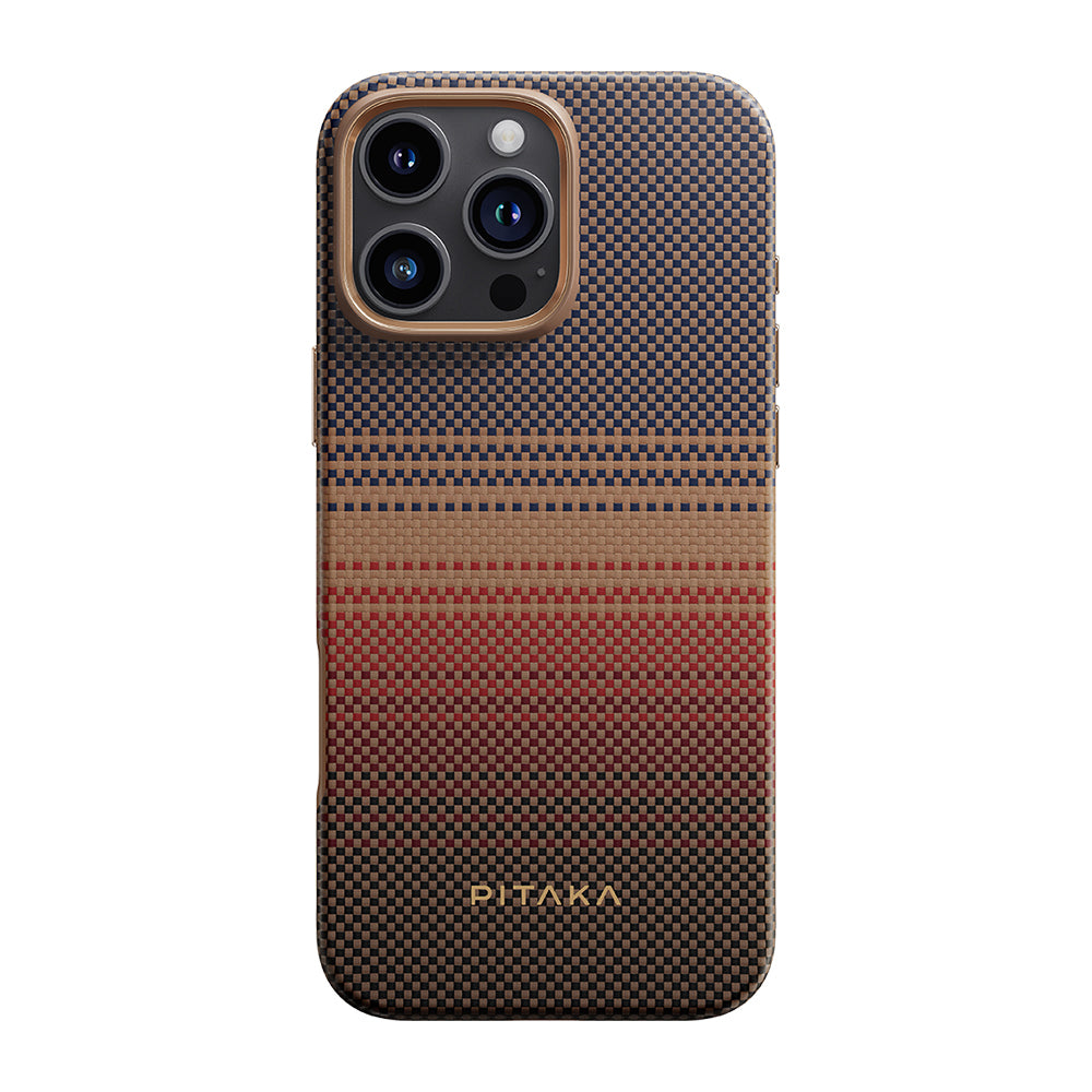 Apple iPhone 16 Pro Kılıf Magsafe Şarj Özellikli Aramid Fiber Pitaka Military-Grade Sunset-Moonrise Serisi Sunset Kapak Kahverengi