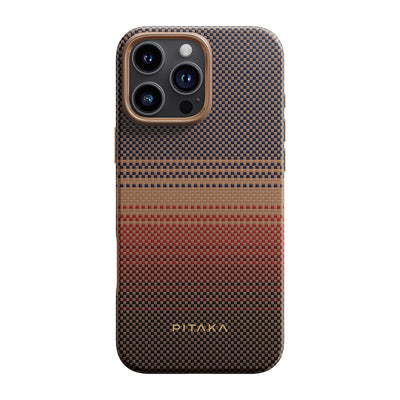 Apple iPhone 16 Pro Kılıf Magsafe Şarj Özellikli Aramid Fiber Pitaka Military-Grade Sunset-Moonrise Serisi Sunset Kapak Kahverengi