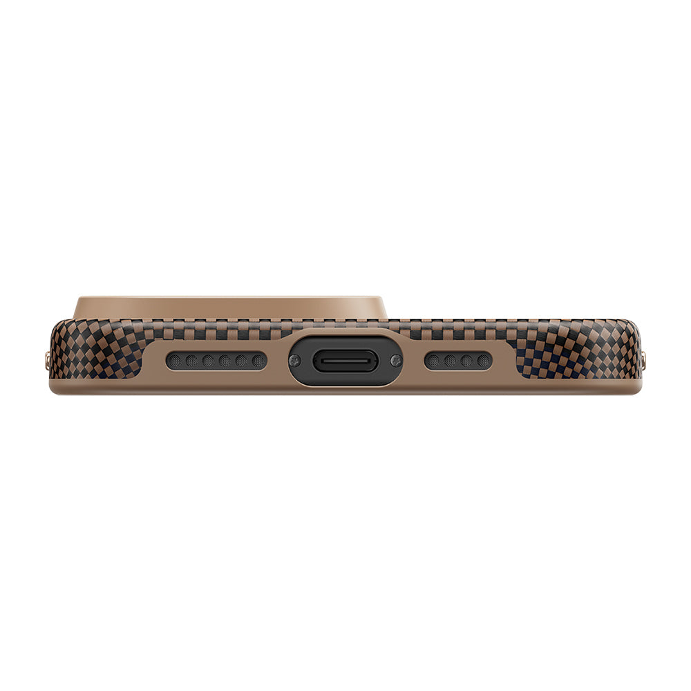 Apple iPhone 16 Pro Kılıf Magsafe Şarj Özellikli Aramid Fiber Pitaka Military-Grade Sunset-Moonrise Serisi Sunset Kapak Kahverengi
