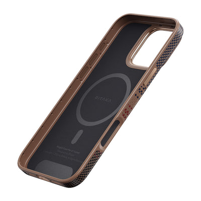 Apple iPhone 16 Pro Kılıf Magsafe Şarj Özellikli Aramid Fiber Pitaka Military-Grade Sunset-Moonrise Serisi Sunset Kapak Kahverengi