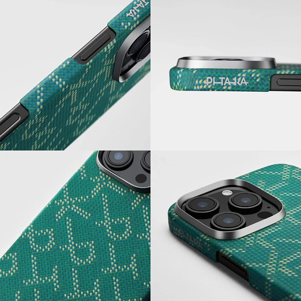 Apple iPhone 16 Pro Kılıf MagSafe Şarj Özellikli Aramid Fiber Pitaka Tactile Woven Monogram Serisi Kapak