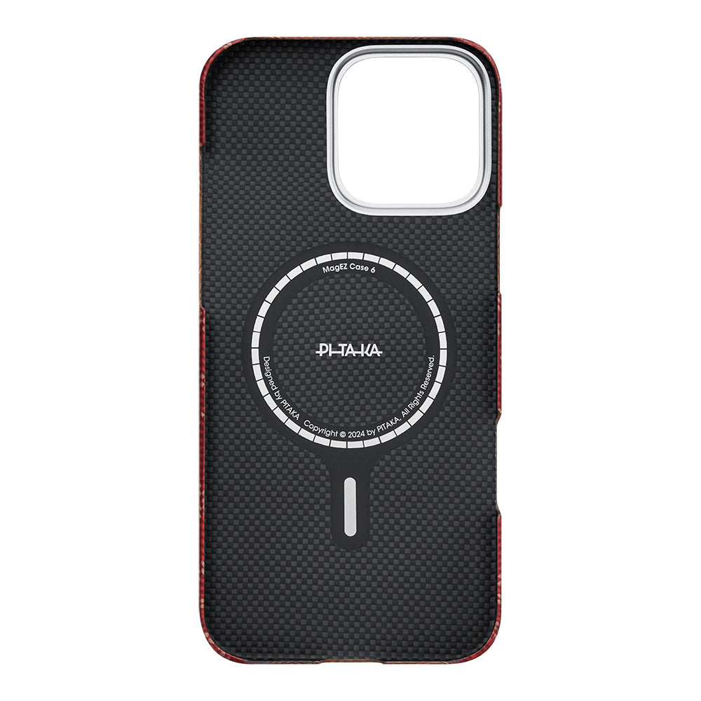Apple iPhone 16 Pro Kılıf M-safe Şarj Özellikli Aramid Fiber Pitaka Tactile Woven Monogram Serisi Kapak Kırmızı