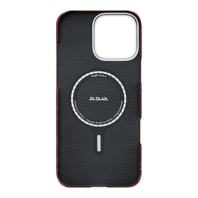Apple iPhone 16 Pro Kılıf M-safe Şarj Özellikli Aramid Fiber Pitaka Tactile Woven Monogram Serisi Kapak Kırmızı