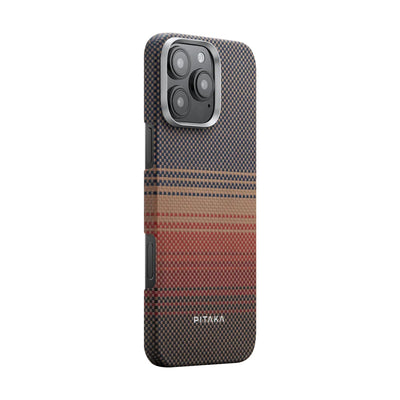 Apple iPhone 16 Pro Kılıf Magsafe Şarj Özellikli Aramid Fiber Pitaka Tactile Woven Sunset-Moonrise Serisi Sunset Kapak Kahverengi