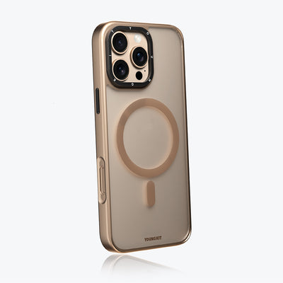 Apple iPhone 16 Pro Kılıf M-safe Şarj Özellikli Cam Arka Yüzey TPU Youngkit Gemstone Serisi Kapak Gold