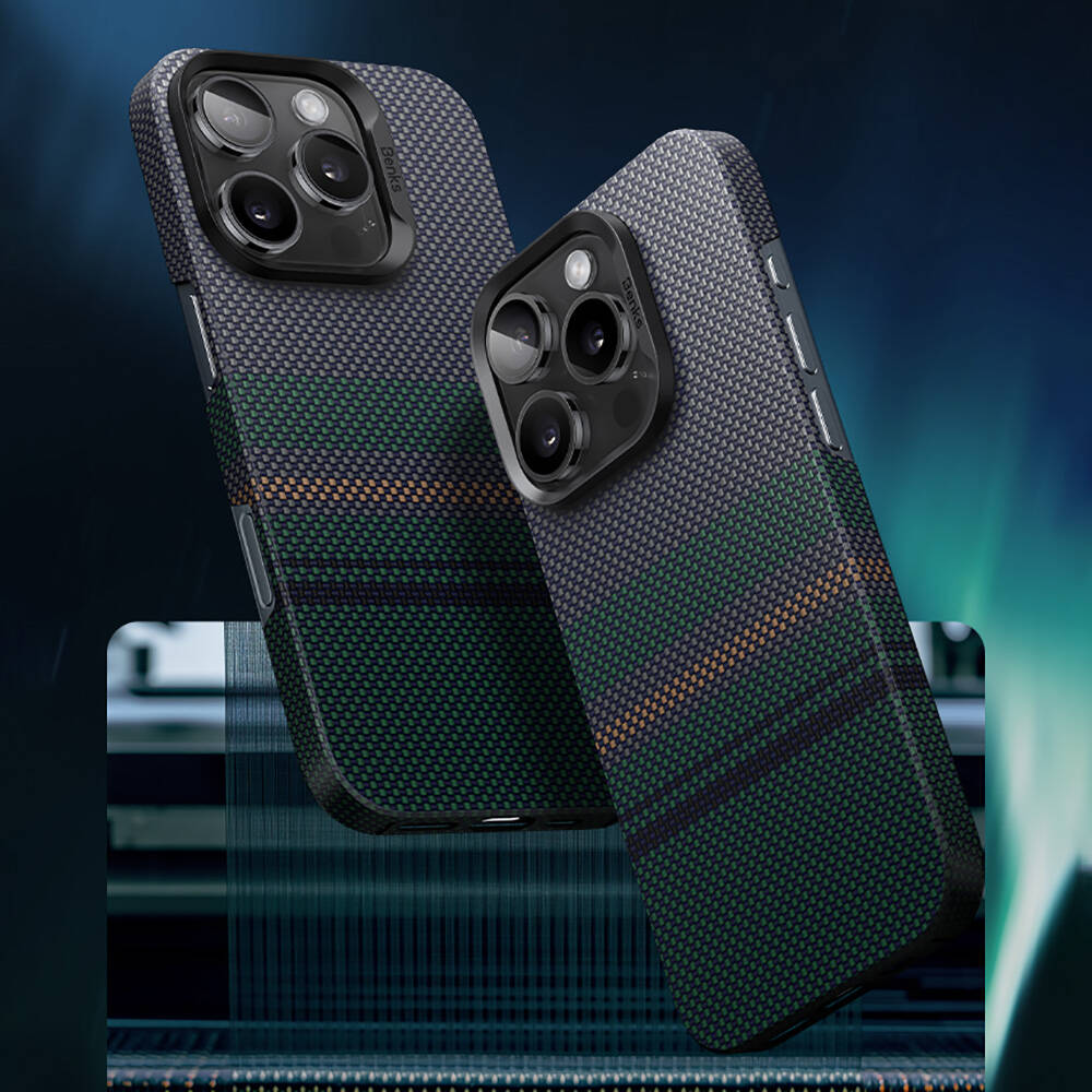 Apple iPhone 16 Pro Kılıf Magsafe Şarj Özellikli Karbon Fiber Tasarımlı Benks Aurora ArmorAir Kevlar Kapak Siyah