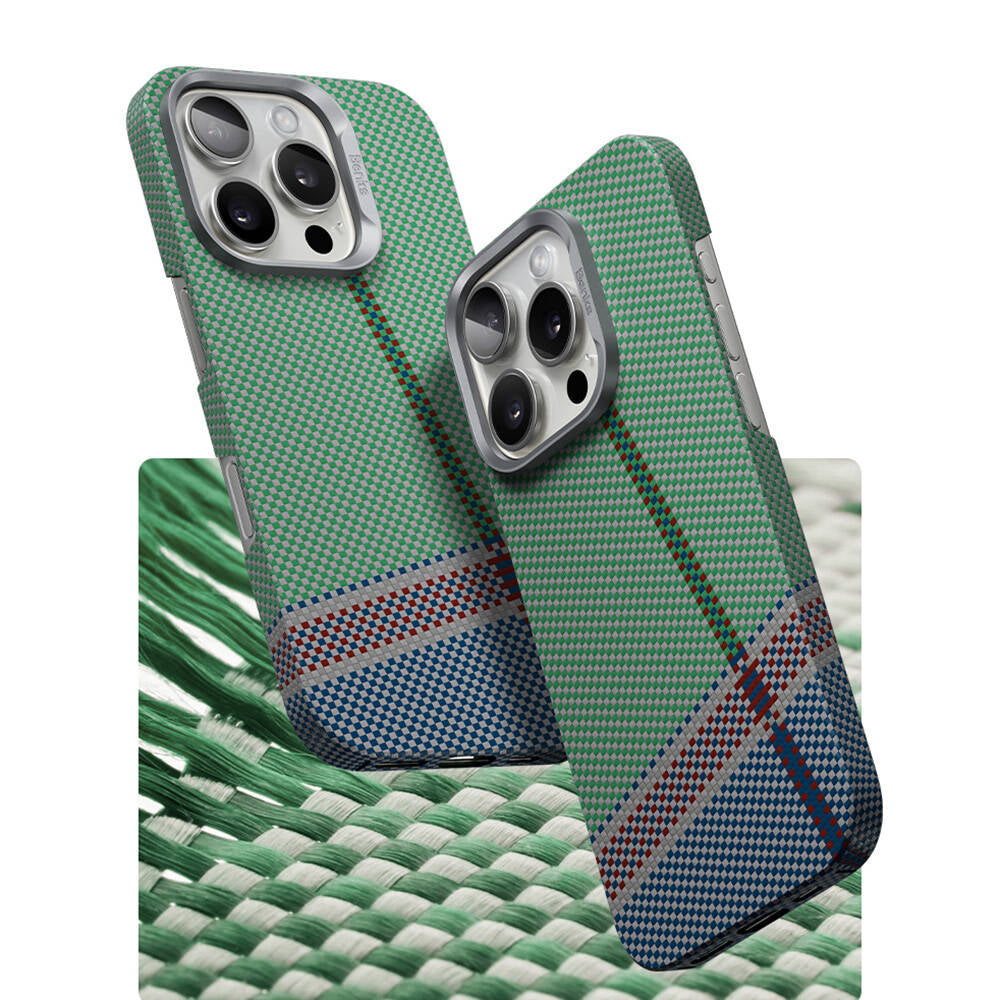 Apple iPhone 16 Pro Kılıf Magsafe Şarj Özellikli Karbon Fiber Tasarımlı Benks Passion Green ArmorAir Kevlar Kapak Yeşil