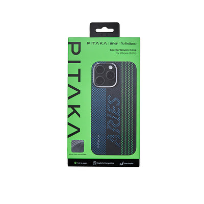 Apple iPhone 16 Pro Kılıf Magsafe Şarj Özellikli Lumintex Teknolojili Fosforlu Aramid Fiber Pitaka Tactile Woven Aries Serisi Credit Card Kapak Yeşil-Mavi
