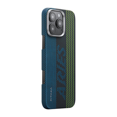 Apple iPhone 16 Pro Kılıf Magsafe Şarj Özellikli Lumintex Teknolojili Fosforlu Aramid Fiber Pitaka Tactile Woven Aries Serisi Credit Card Kapak Yeşil-Mavi