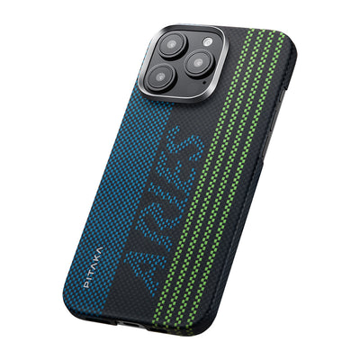 Apple iPhone 16 Pro Kılıf Magsafe Şarj Özellikli Lumintex Teknolojili Fosforlu Aramid Fiber Pitaka Tactile Woven Aries Serisi Credit Card Kapak Yeşil-Mavi