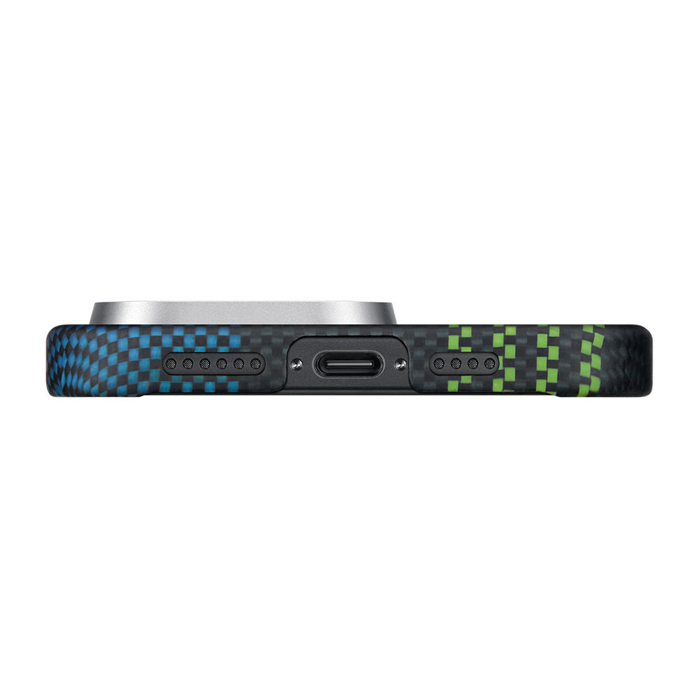 Apple iPhone 16 Pro Kılıf Magsafe Şarj Özellikli Lumintex Teknolojili Fosforlu Aramid Fiber Pitaka Tactile Woven Aries Serisi Credit Card Kapak Yeşil-Mavi