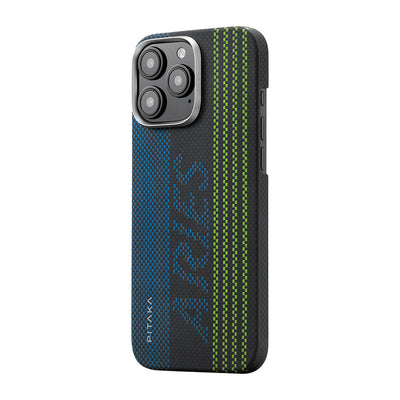 Apple iPhone 16 Pro Kılıf Magsafe Şarj Özellikli Lumintex Teknolojili Fosforlu Aramid Fiber Pitaka Tactile Woven Aries Serisi Credit Card Kapak Yeşil-Mavi