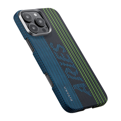 Apple iPhone 16 Pro Kılıf Magsafe Şarj Özellikli Lumintex Teknolojili Fosforlu Aramid Fiber Pitaka Tactile Woven Aries Serisi Credit Card Kapak Yeşil-Mavi