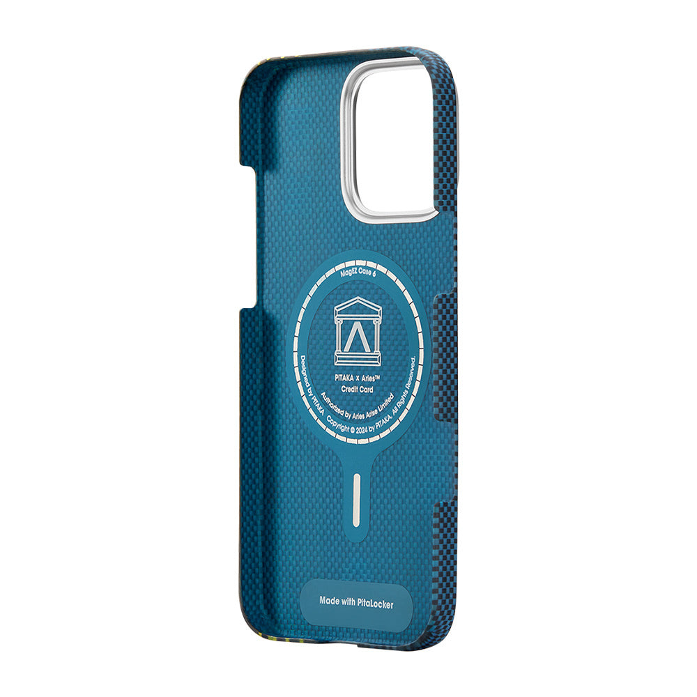 Apple iPhone 16 Pro Kılıf Magsafe Şarj Özellikli Lumintex Teknolojili Fosforlu Aramid Fiber Pitaka Tactile Woven Aries Serisi Credit Card Kapak Yeşil-Mavi