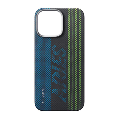 Apple iPhone 16 Pro Kılıf Magsafe Şarj Özellikli Lumintex Teknolojili Fosforlu Aramid Fiber Pitaka Tactile Woven Aries Serisi Credit Card Kapak Yeşil-Mavi