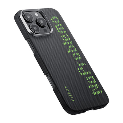 Apple iPhone 16 Pro Kılıf Magsafe Şarj Özellikli Lumintex Teknolojili Fosforlu Aramid Fiber Pitaka Tactile Woven Aries Serisi NoProblemo Kapak Siyah