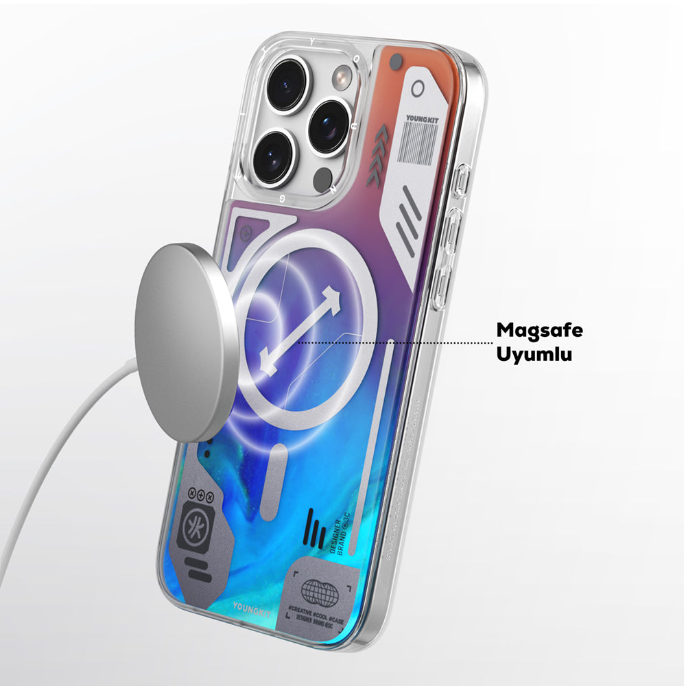 Apple iPhone 16 Pro Kılıf Magsafe Şarj Özellikli Parlak Kumlu Sıvılı Tasarımlı Galaxy Fantasy Serisi Kapak Mavi