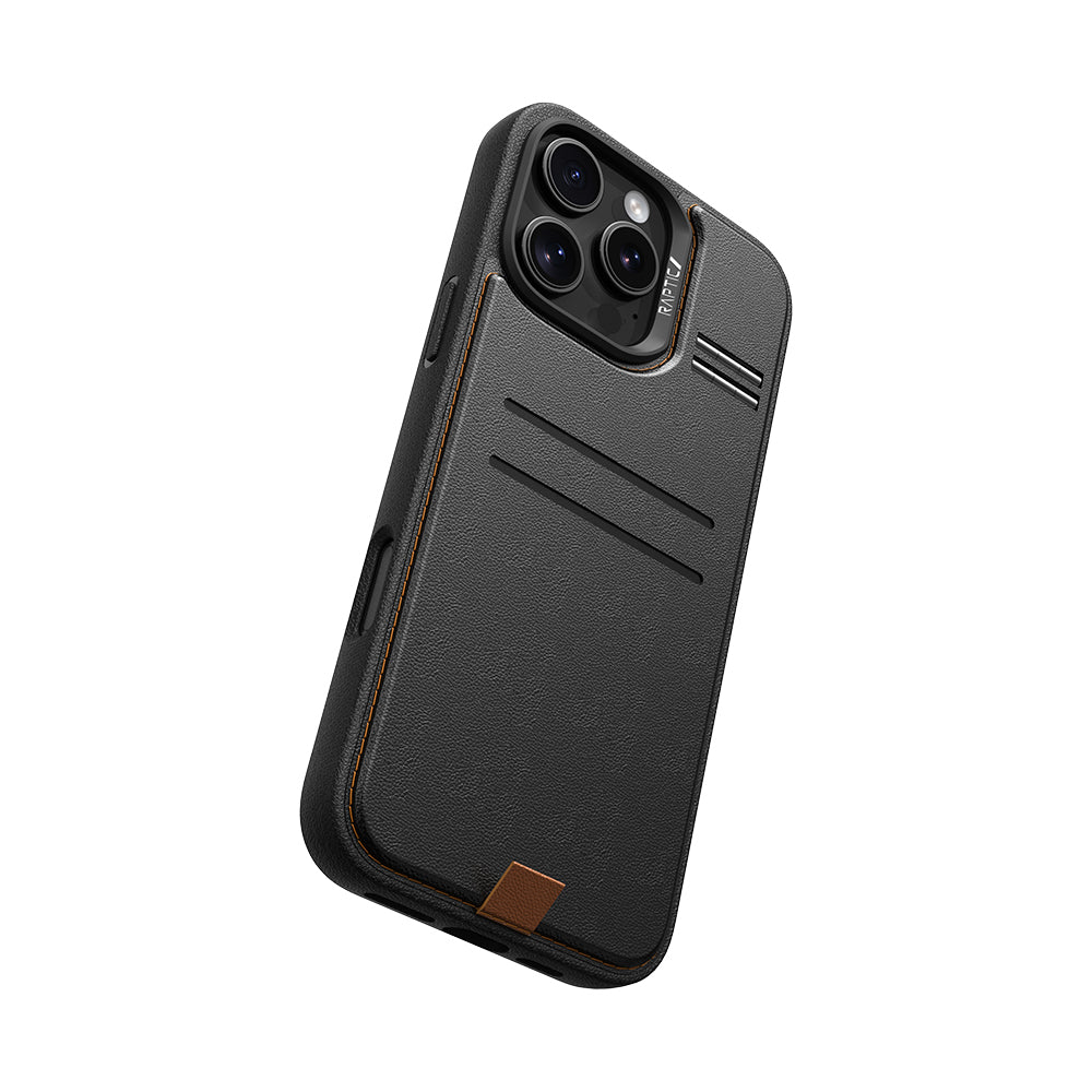 Apple iPhone 16 Pro Kılıf M-safe Şarj Özellikli Raptic Slim Wallet Serisi Deri Görünümlü Kartlıklı Standlı Kapak Siyah