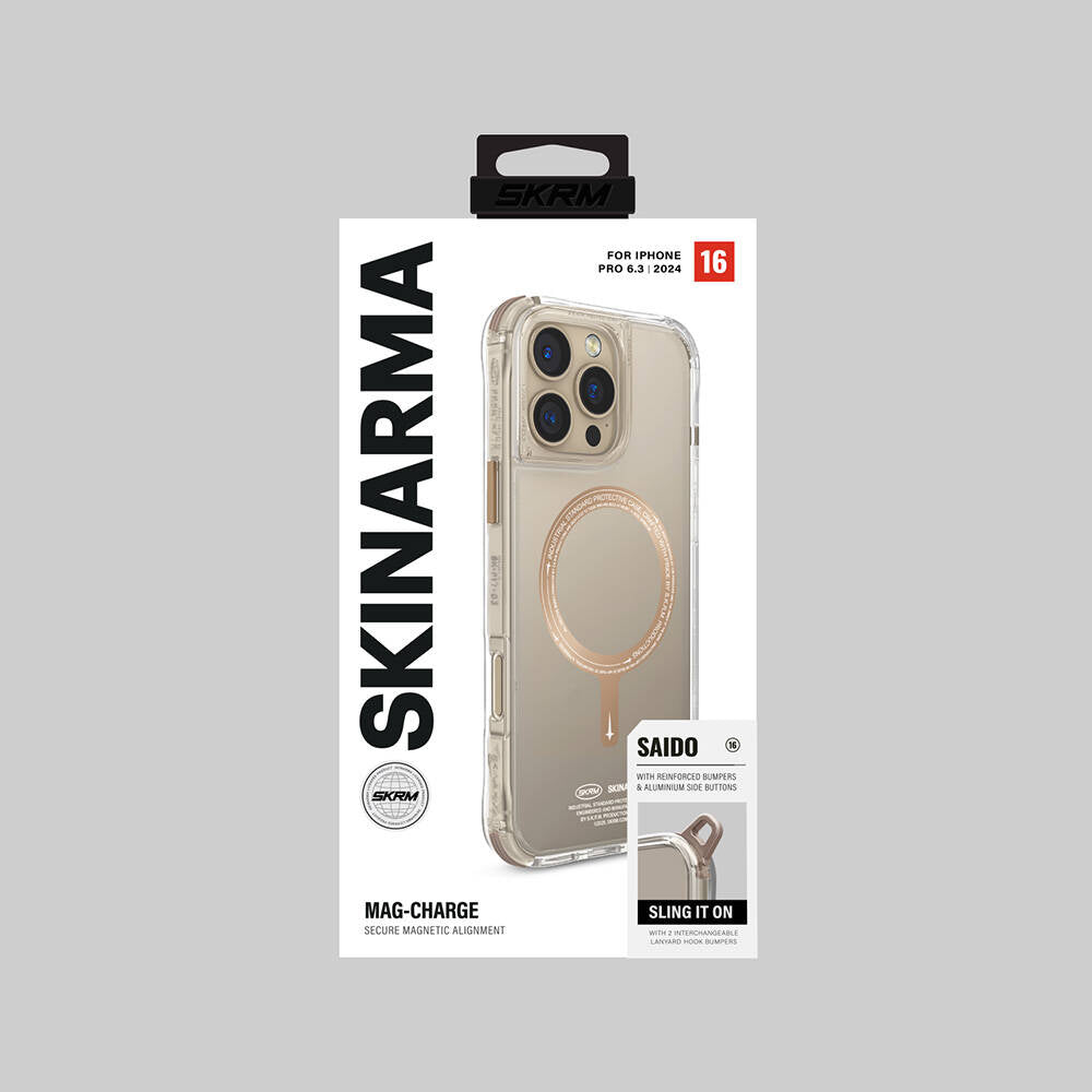 Apple iPhone 16 Pro Kılıf Magsafe Şarj Özellikli Şeffaf Airbag Tasarımlı Skinarma Saido Prime Kapak Gold