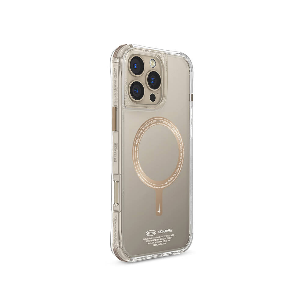 Apple iPhone 16 Pro Kılıf Magsafe Şarj Özellikli Şeffaf Airbag Tasarımlı Skinarma Saido Prime Kapak Gold
