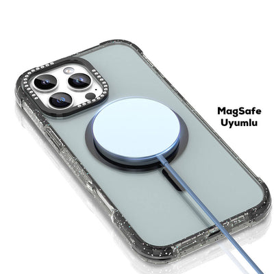 Apple iPhone 16 Pro Kılıf Magsafe Şarj Özellikli Taşlı ve Simli Tasarım Mutural Blink Kapak Siyah
