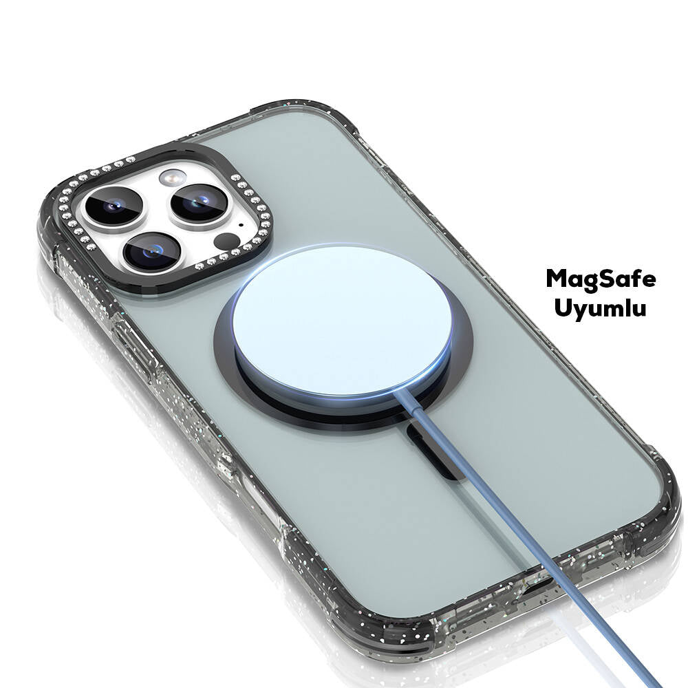Apple iPhone 16 Pro Kılıf Magsafe Şarj Özellikli Taşlı ve Simli Tasarım Mutural Blink Kapak Pembe