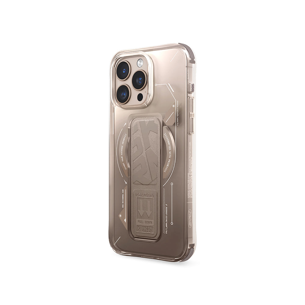 Apple iPhone 16 Pro Kılıf Magsafe Şarj Özellikli Teknoloji Desenli Standlı Skinarma Helio Kapak Gold