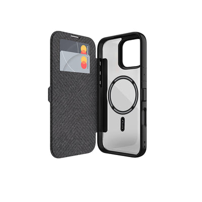 Apple iPhone 16 Pro Kılıf M-safe Şarj Özellikli Vegan Deri Tasarımlı Şeffaf Arka Yüzey Kartlıklı Raptic Urban Folio Serisi Kapak Siyah