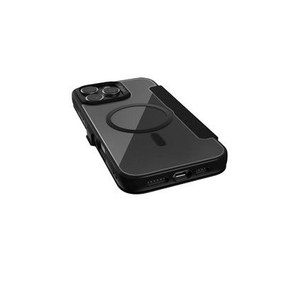 Apple iPhone 16 Pro Kılıf M-safe Şarj Özellikli Vegan Deri Tasarımlı Şeffaf Arka Yüzey Kartlıklı Raptic Urban Folio Serisi Kapak Siyah