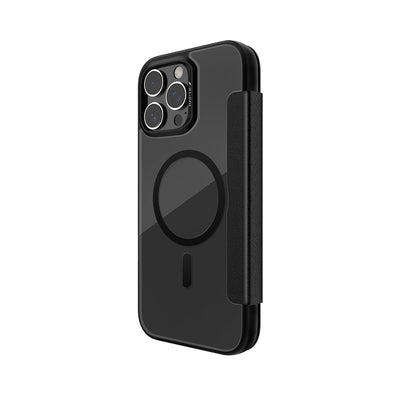 Apple iPhone 16 Pro Kılıf M-safe Şarj Özellikli Vegan Deri Tasarımlı Şeffaf Arka Yüzey Kartlıklı Raptic Urban Folio Serisi Kapak Siyah